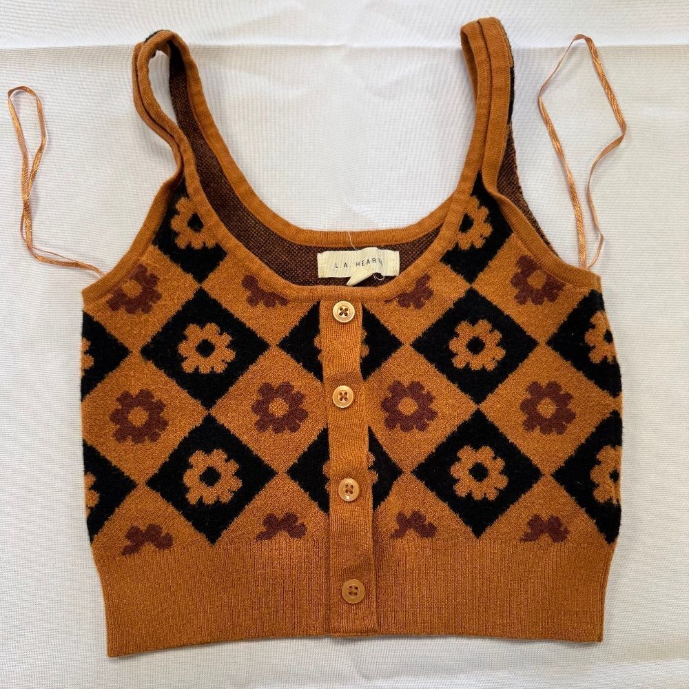 LA Hearts by PacSun Checkered Floral Sleeveless Vest Tank Top Orange Black Size